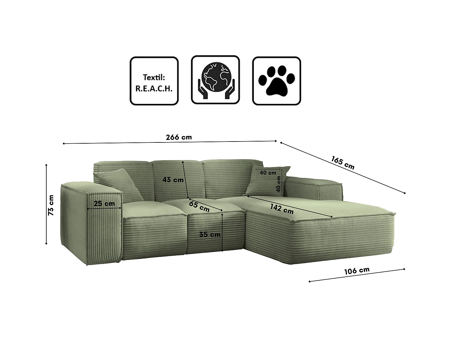 Canapé d'angle, canapé d'angle en L, salon, canapé Poso en tissu SIENA, vert clair, droite