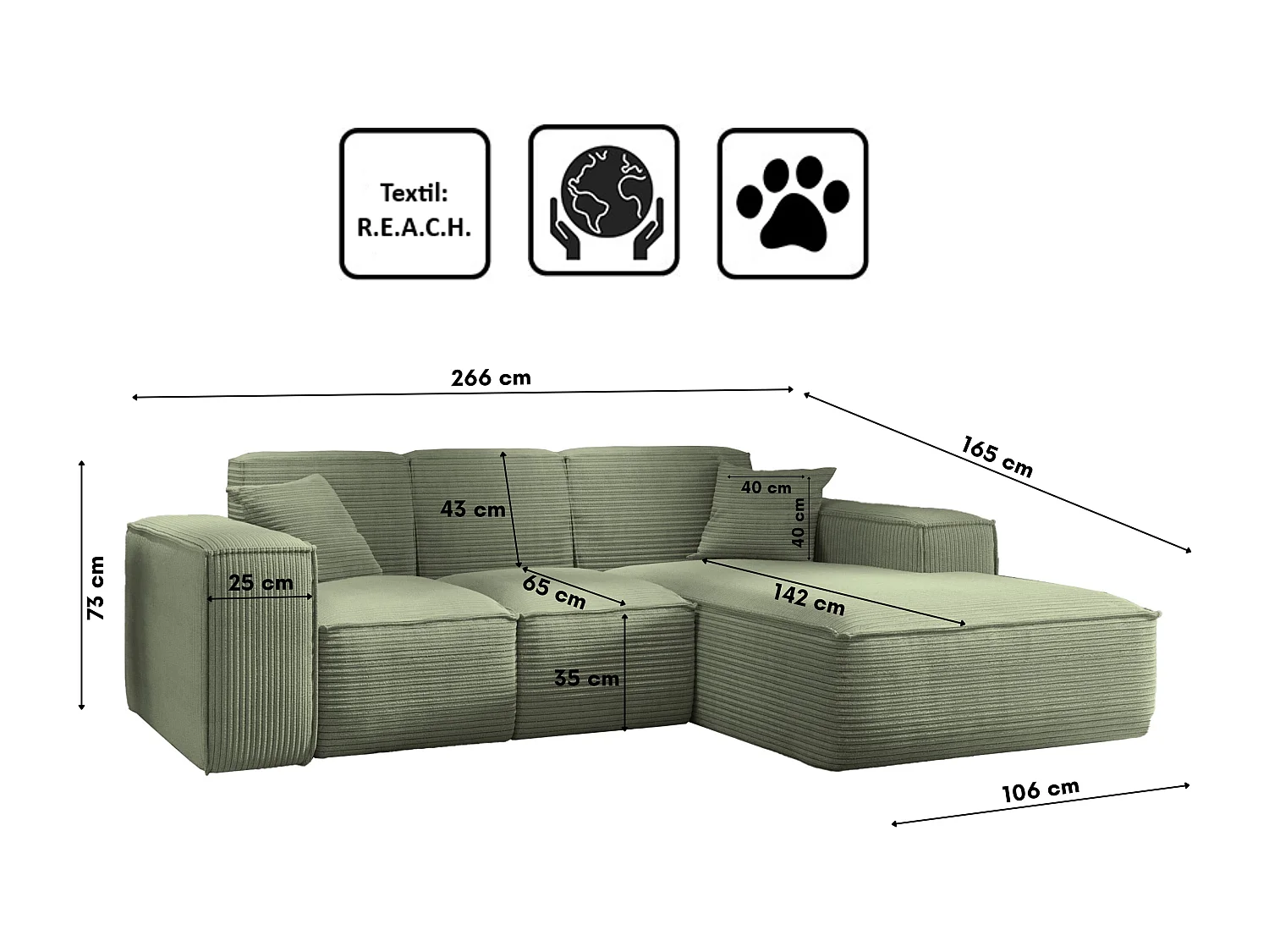 Canapé d'angle, canapé d'angle en L, salon, canapé Poso en tissu SIENA, vert clair, droite