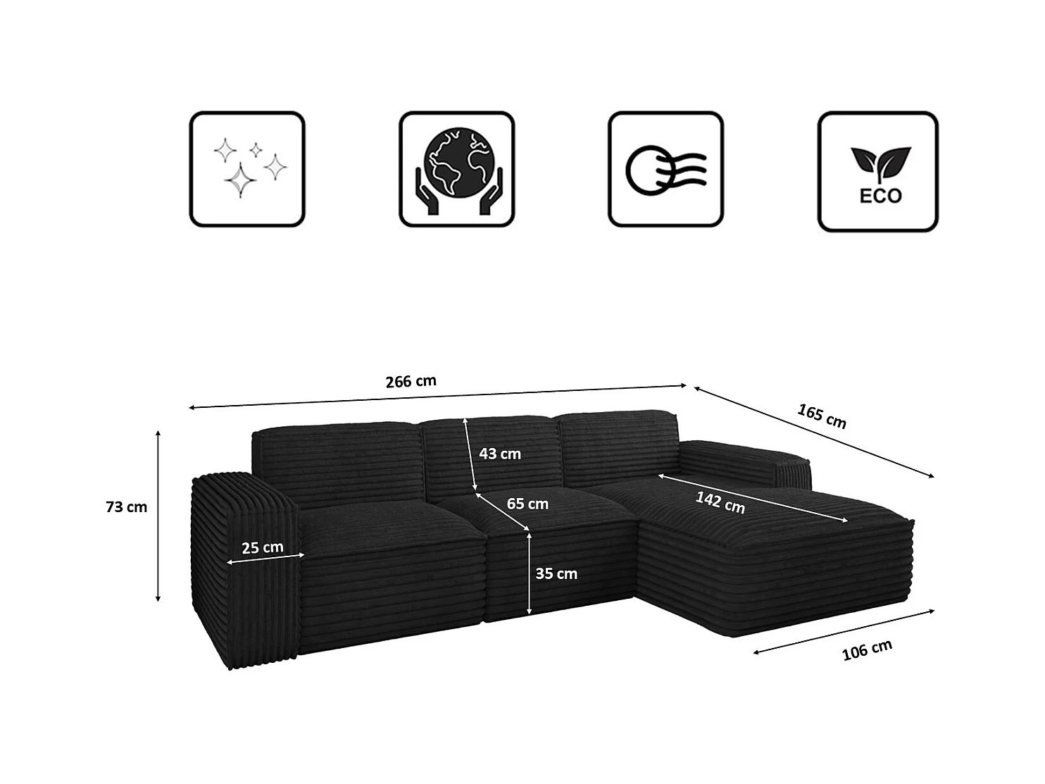 Ecksofa L-Form Siena Stoff Velo Schwarz Rechts