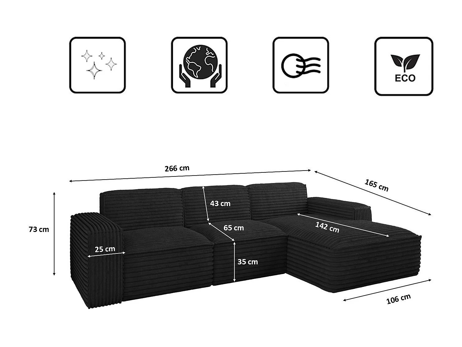Ecksofa L-Form Siena Stoff Velo Schwarz Rechts