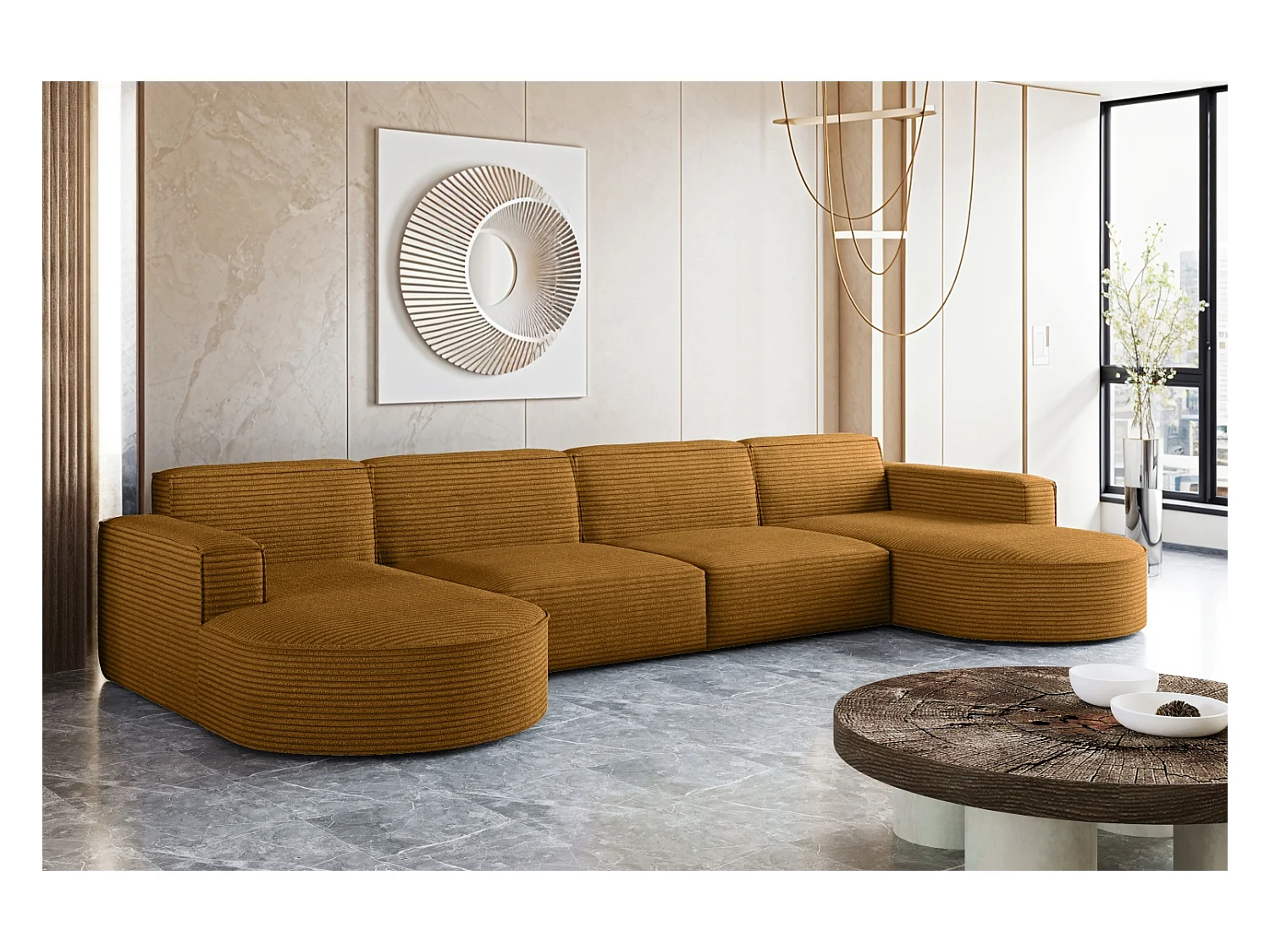 Divano angolare, Modena U XL, tessuto Poso, colore senape