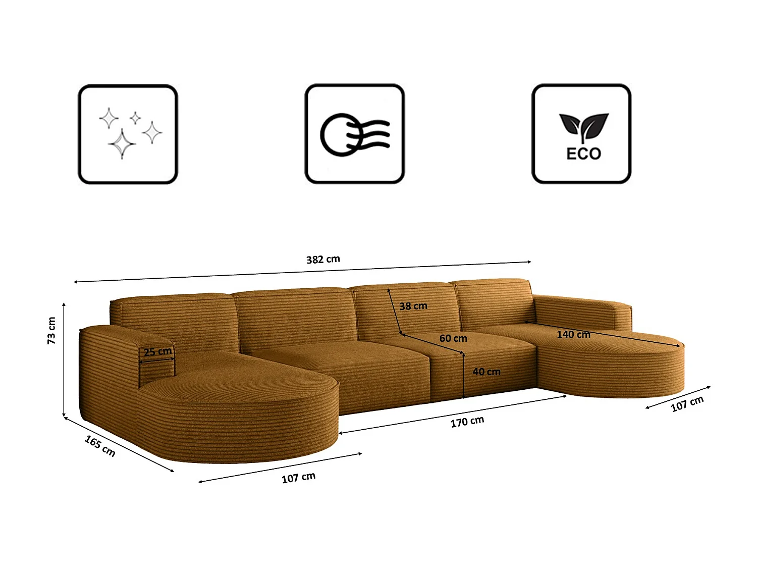 Canapé d'angle, Modena U XL, tissu Poso, couleur moutarde