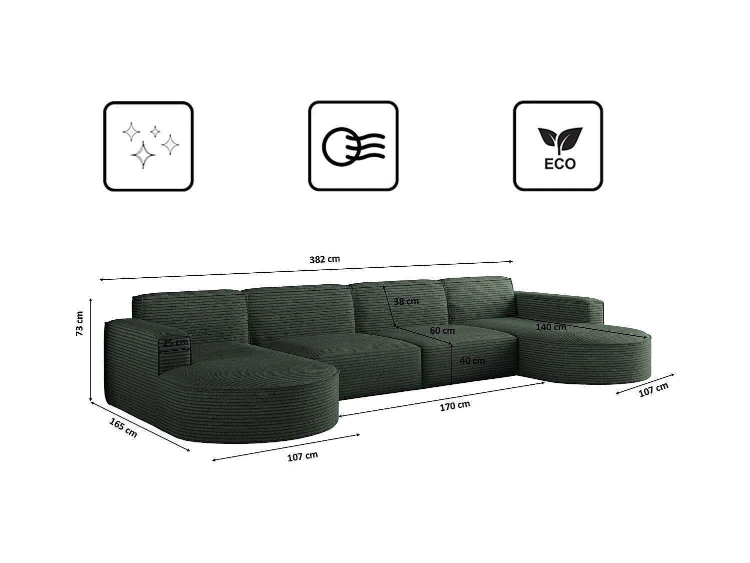 Canapé d'angle, Modena U XL, tissu Poso, vert