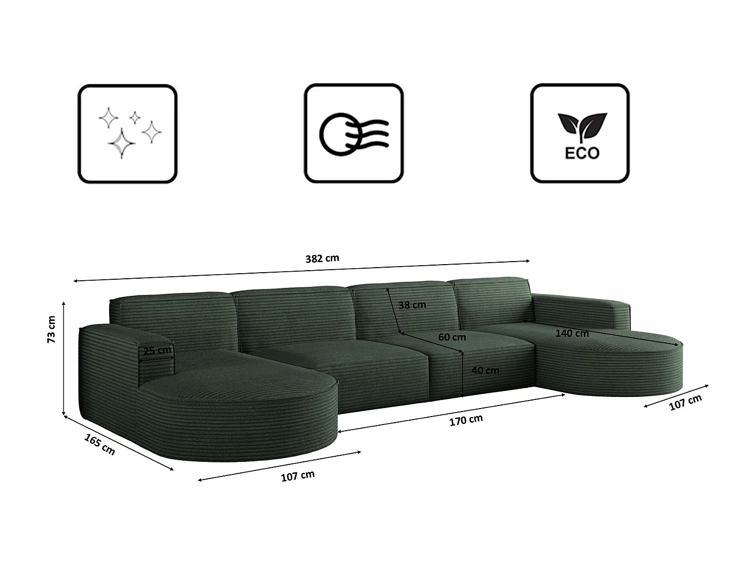 Canapé d'angle, Modena U XL, tissu Poso, vert