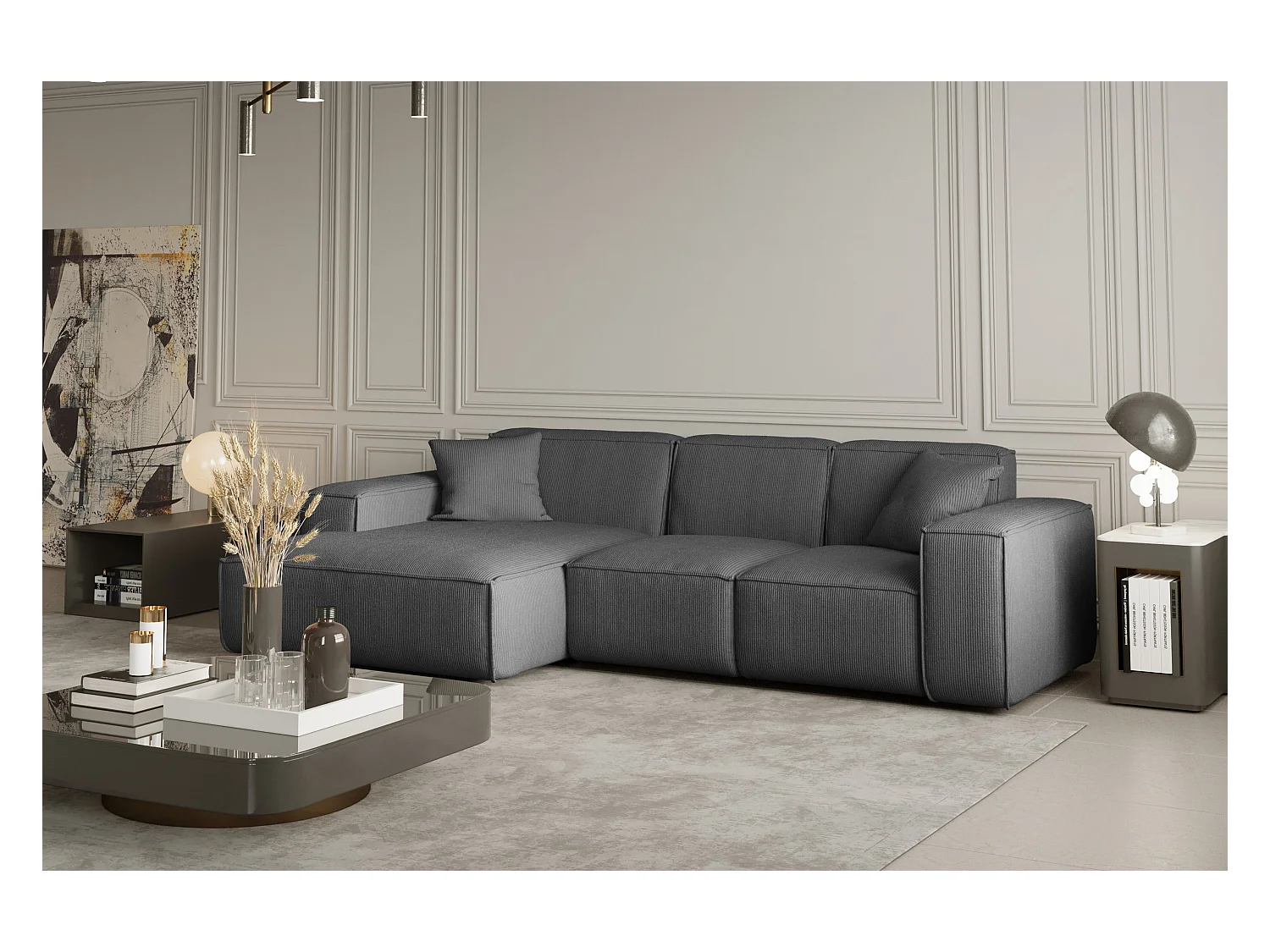 Canapé d'angle PULA en L, tissu Scala, gris, gauche