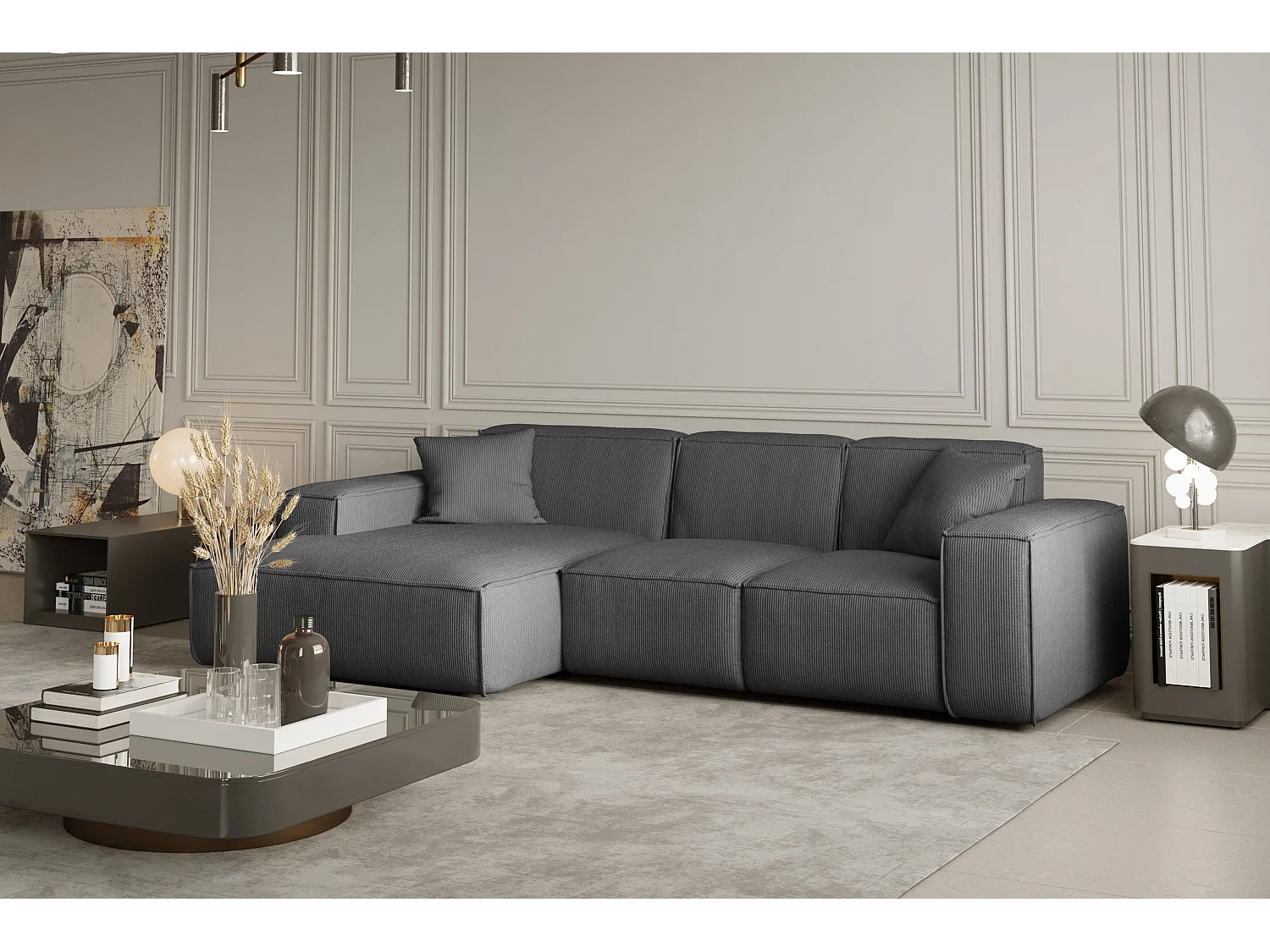 Canapé d'angle PULA en L, tissu Scala, gris, gauche