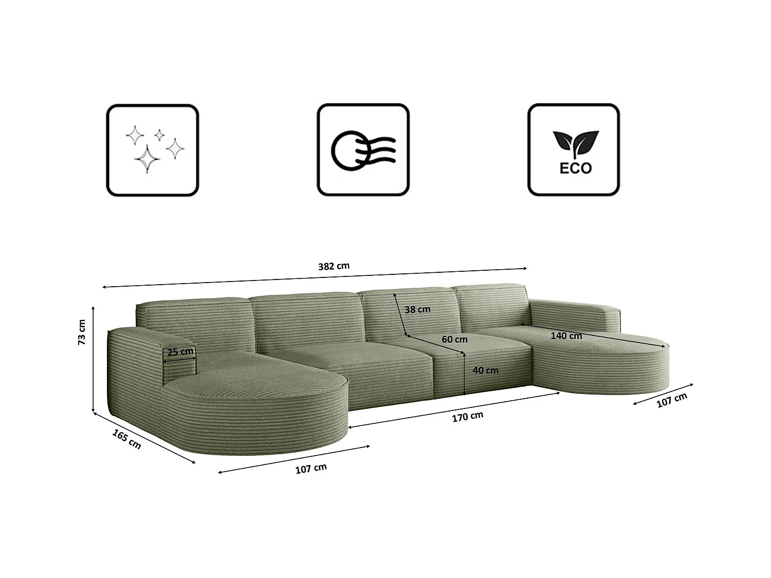 Canapé d'angle, Modena U XL, tissu Poso, vert clair