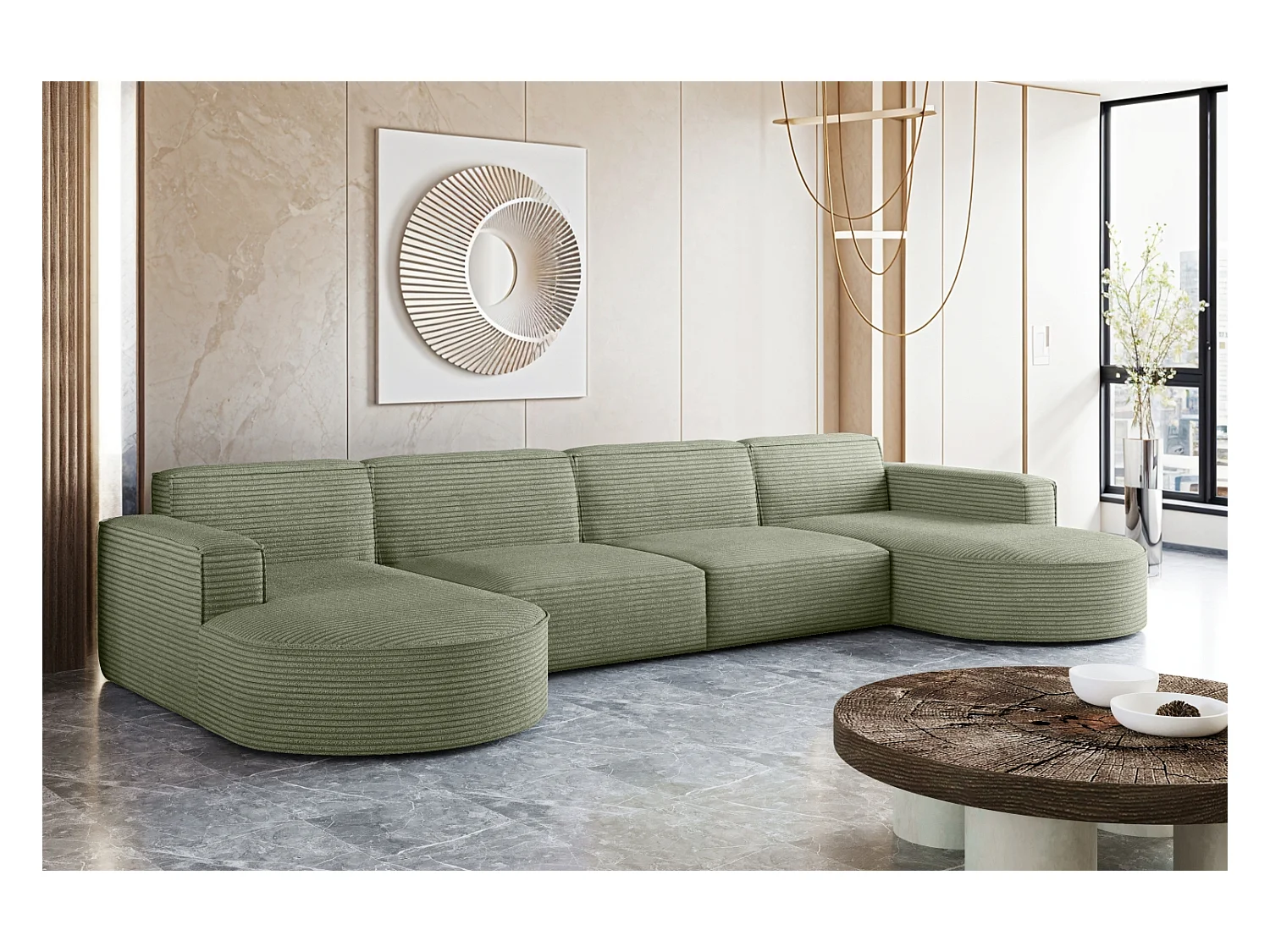 Divano angolare, Modena U XL, tessuto Poso, verde chiaro