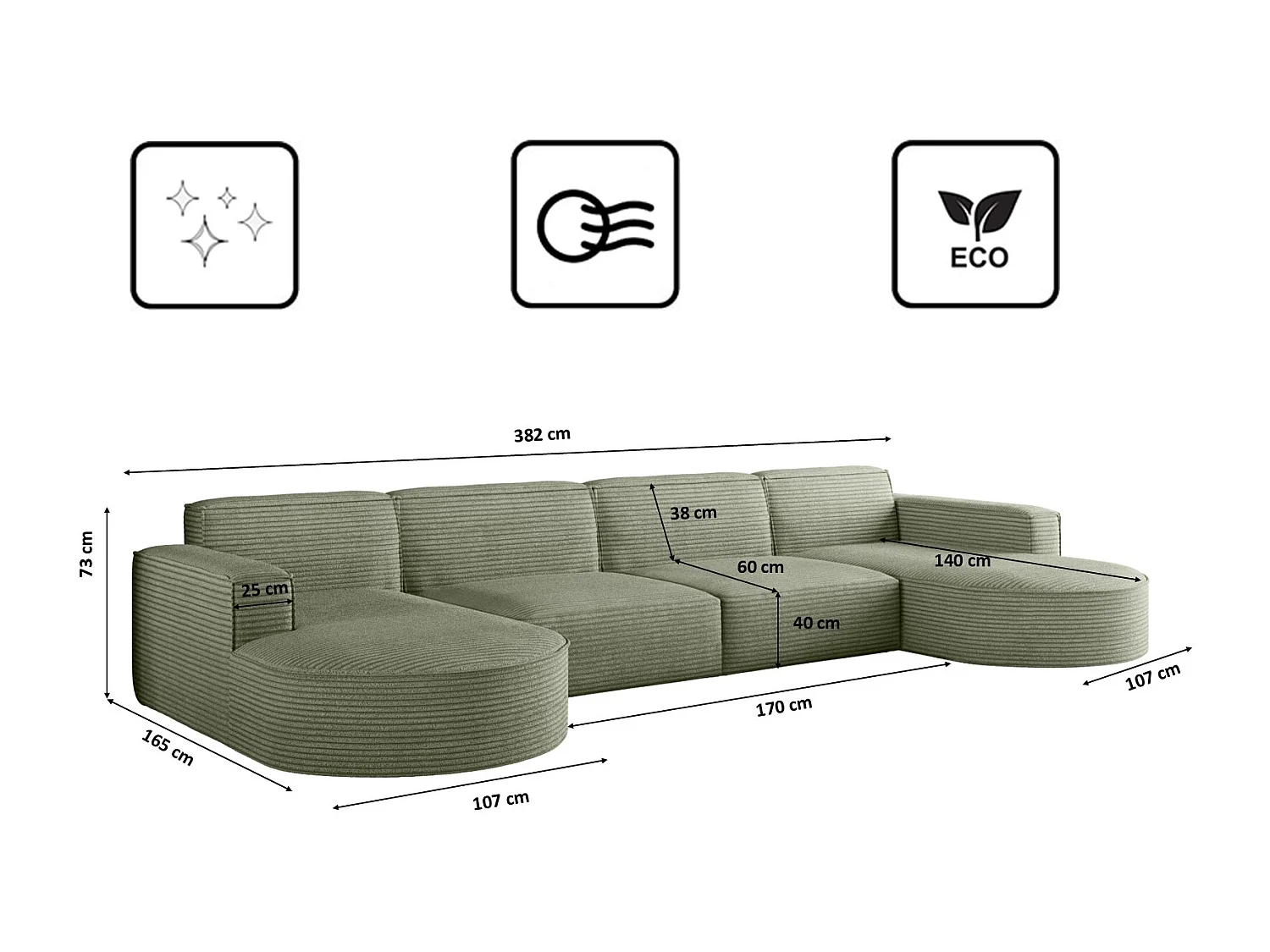 Canapé d'angle, Modena U XL, tissu Poso, vert clair