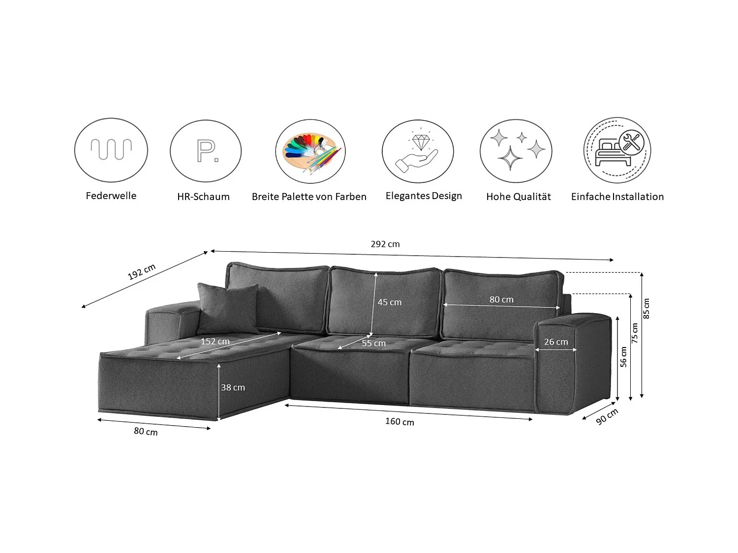 Canapé d'angle Bohoo Maxi L-from, tissu Raven, gris foncé, gauche