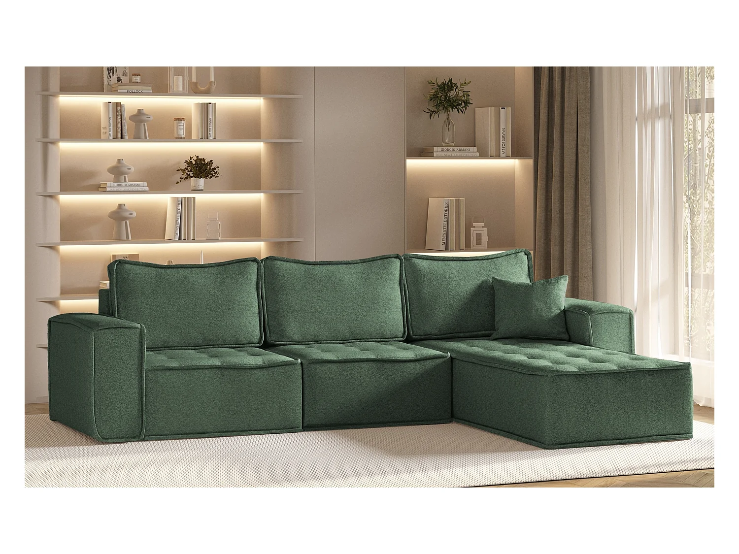 Hoekbank Bohoo Maxi L-vorm, stof Raven, lichtgroen, rechts