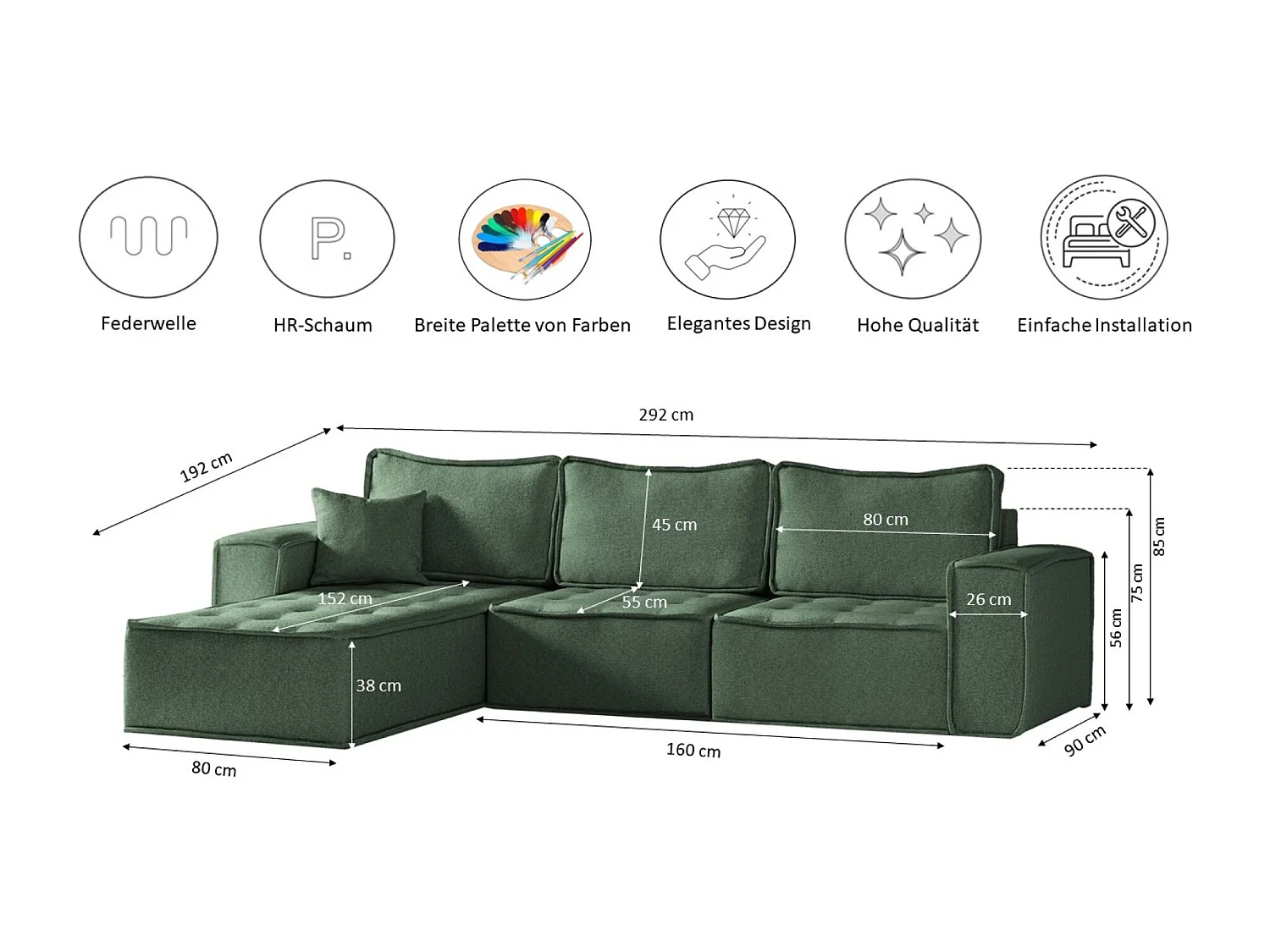 Canapé d'angle Bohoo Maxi L-from, tissu Raven, vert clair, droit