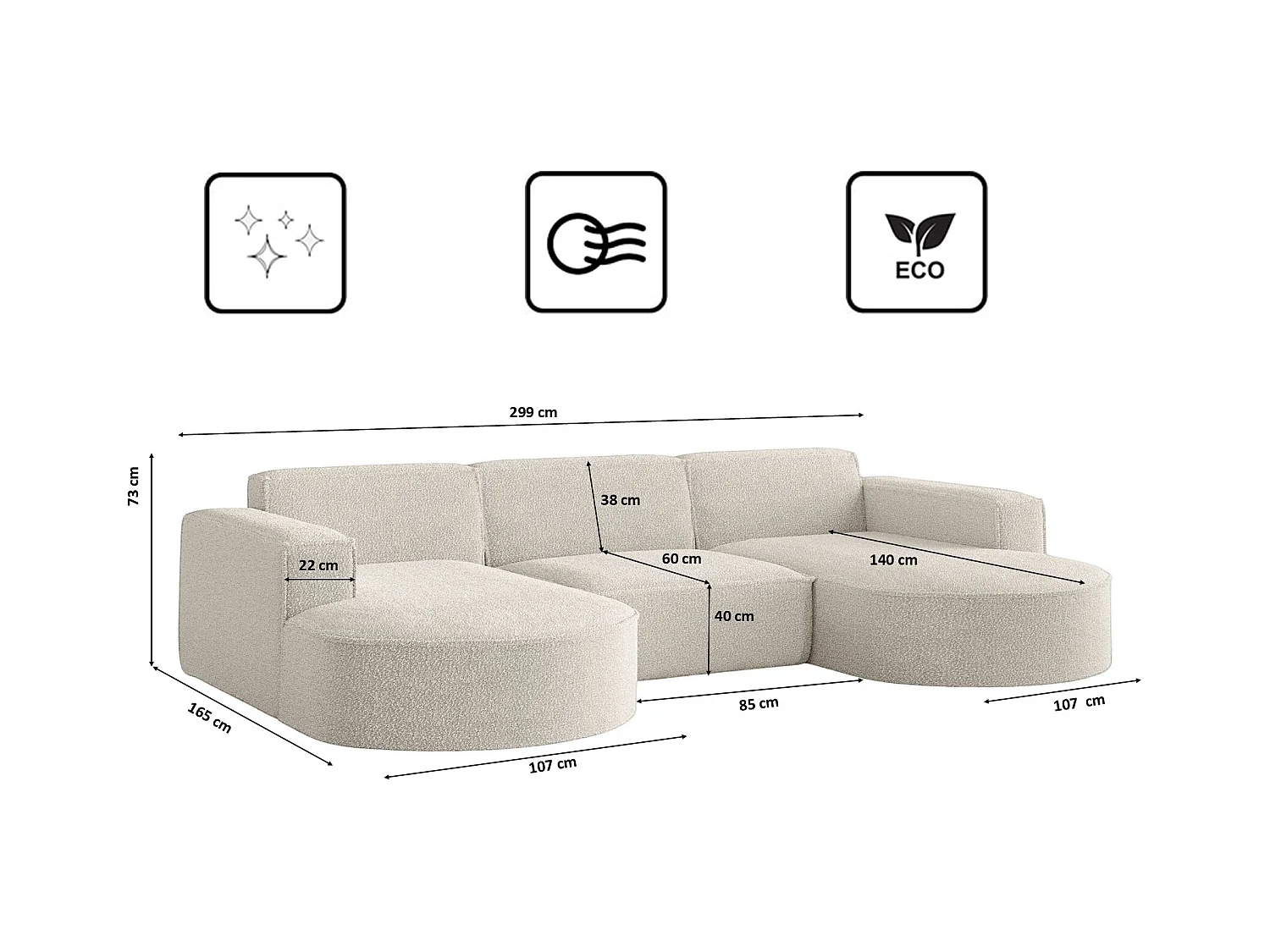 Canapé d'angle design, canapé en U MODENA tissu Loop Perle