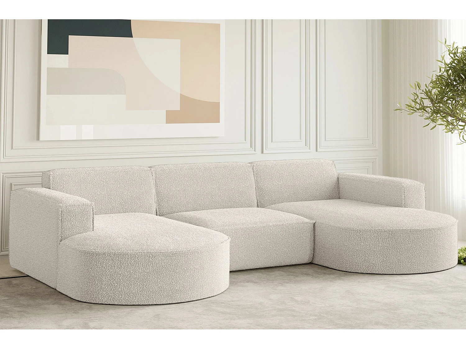 Canapé d'angle design, canapé en U MODENA tissu Loop Perle