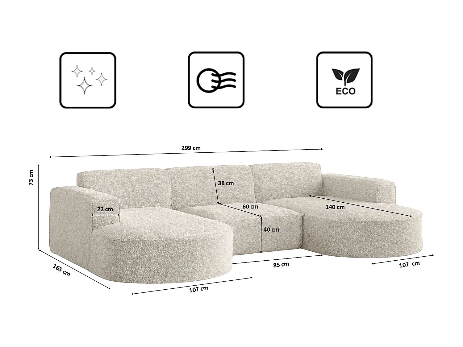 Canapé d'angle design, canapé en U MODENA tissu Loop Perle