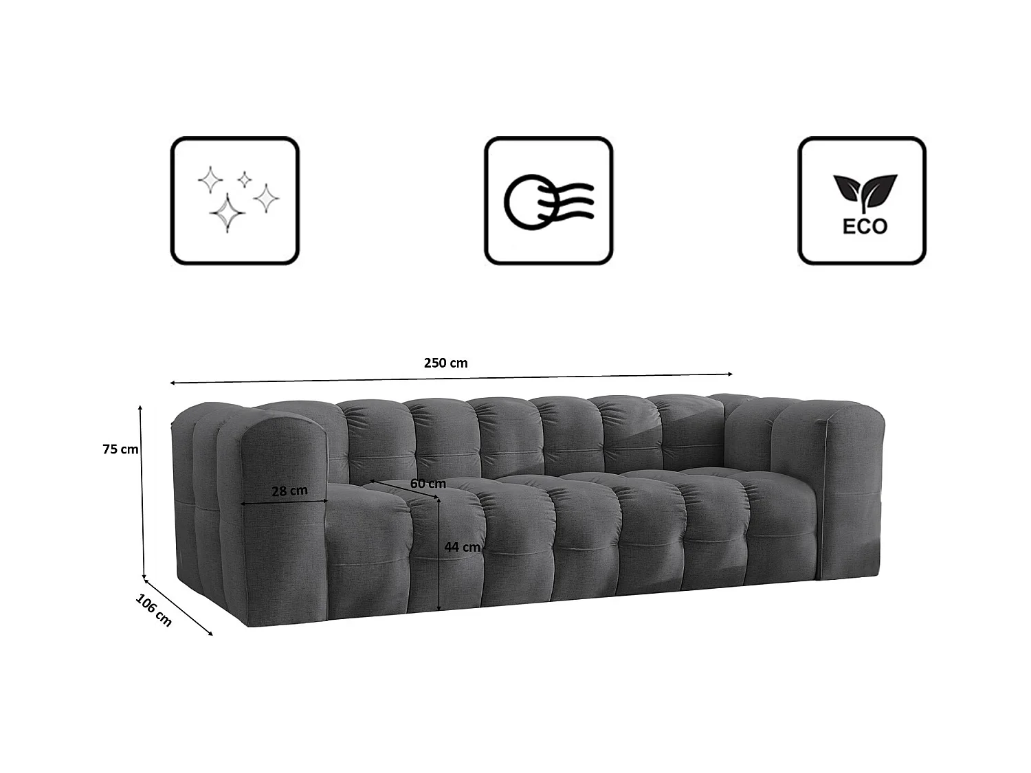 Sofa 4-Sitzer, Komfort Couch BALOO, stoff Schenille, Graphit