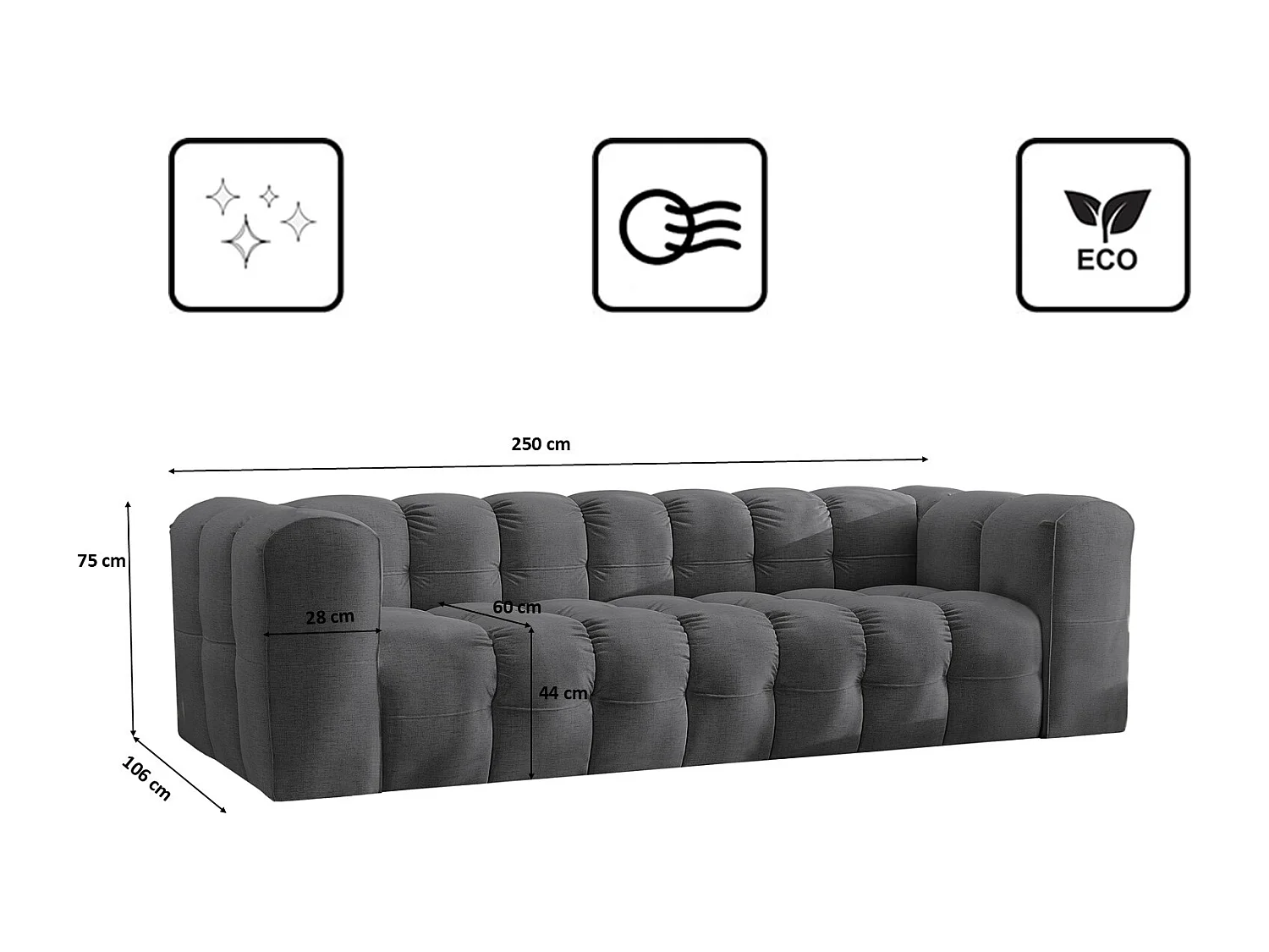Sofa 4-Sitzer, Komfort Couch BALOO, stoff Schenille, Graphit