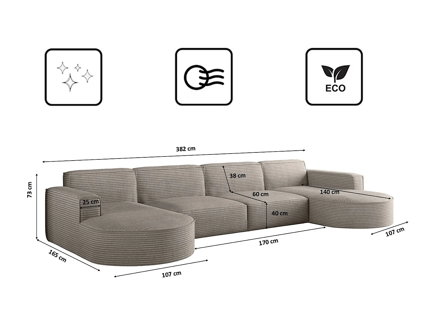 Canapé d'angle, Modena U XL, tissu Poso, marron clair