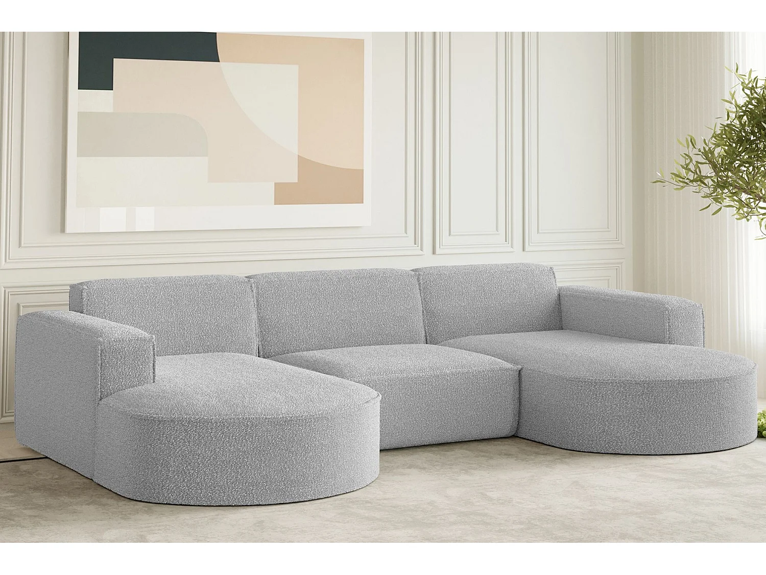 Ecksofa Designer, Sofa U Form MODENA Stoff Loop Hellgrau