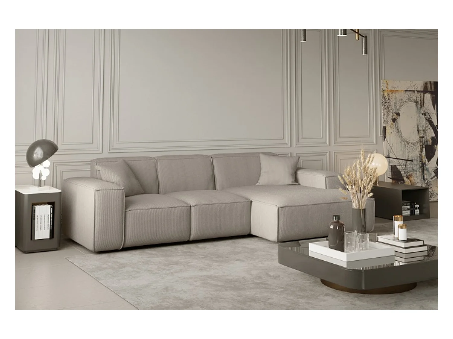 Canapé d'angle PULA en L, tissu Scala, beige, droit