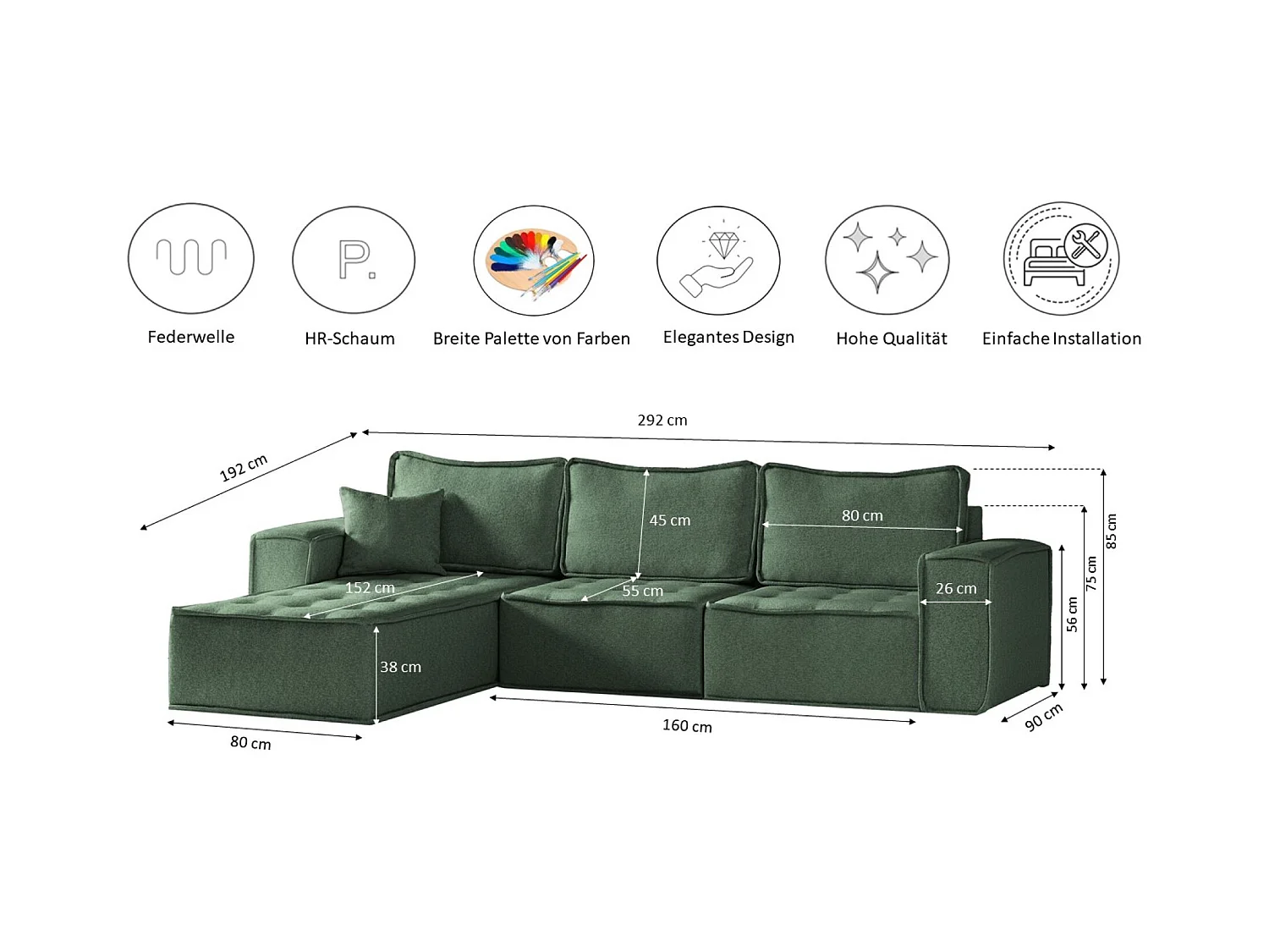 Canapé d'angle Bohoo Maxi L-from, tissu Raven, vert clair, gauche