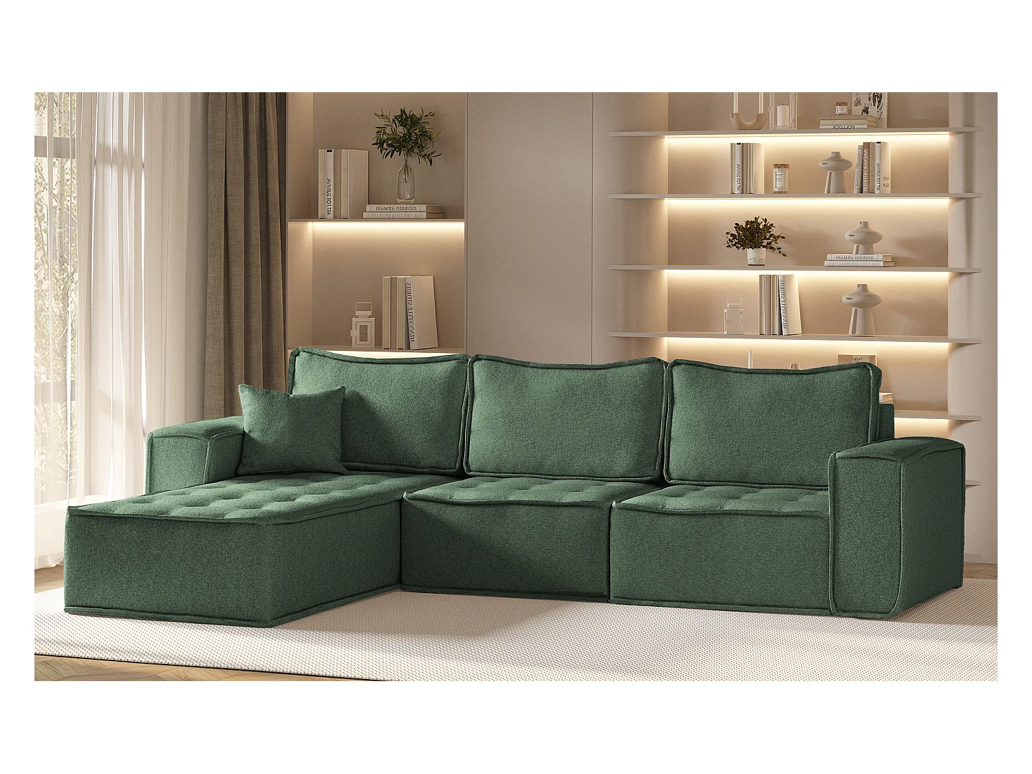 Hoekbank Bohoo Maxi L-vorm, stof Raven, lichtgroen, links