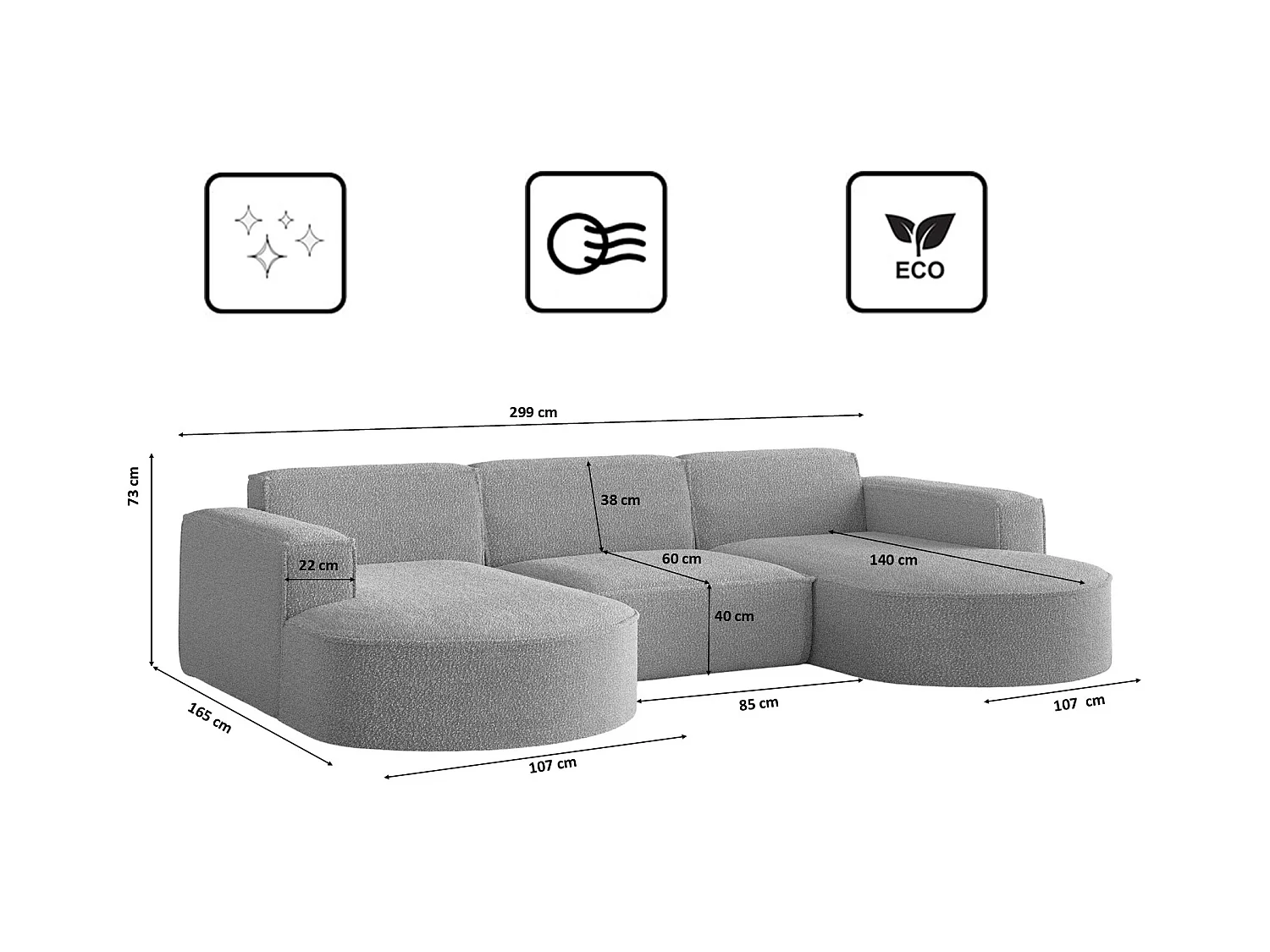 Canapé d'angle design, canapé en U MODENA tissu Loop Grey