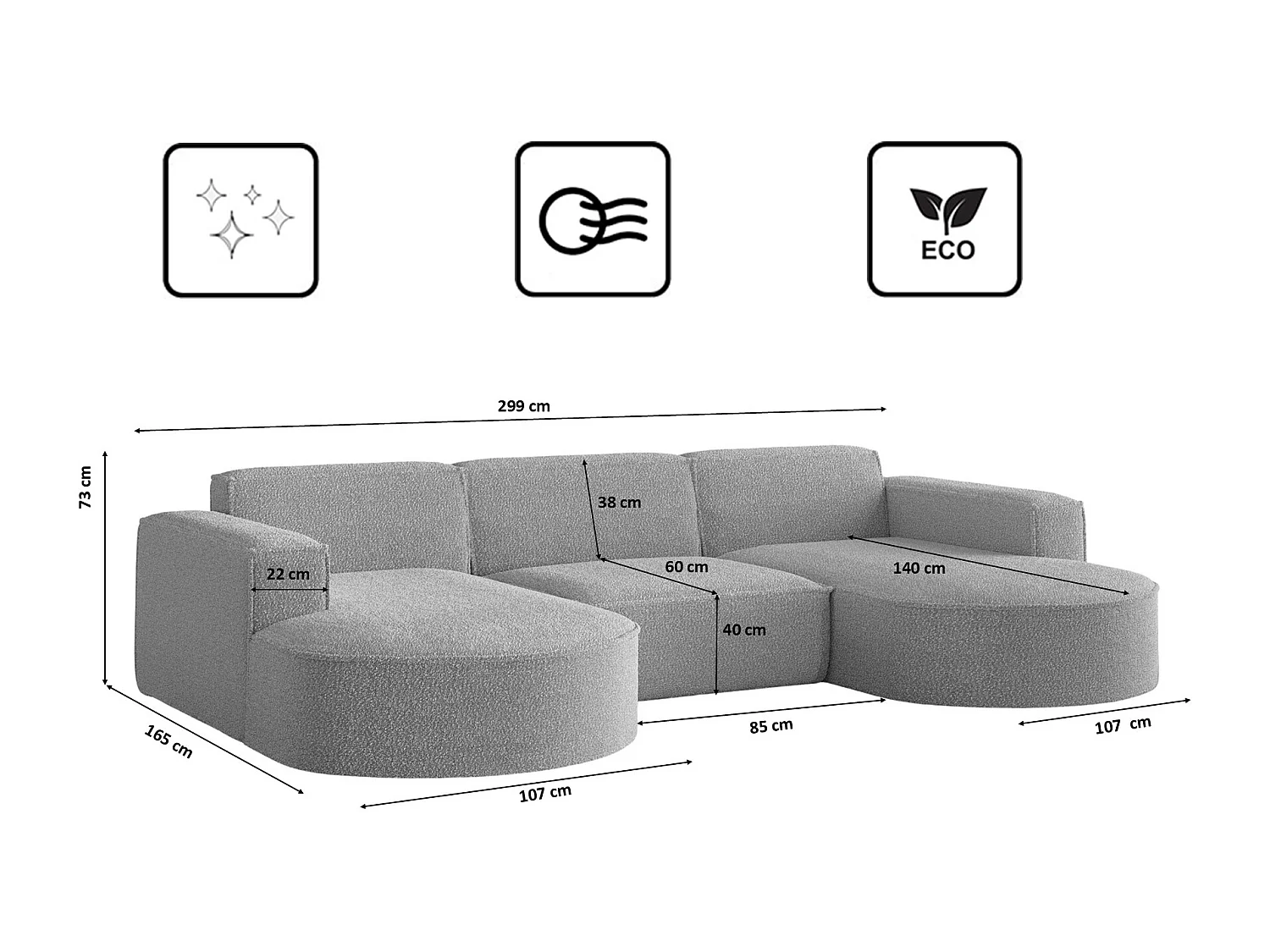 Canapé d'angle design, canapé en U MODENA tissu Loop Grey