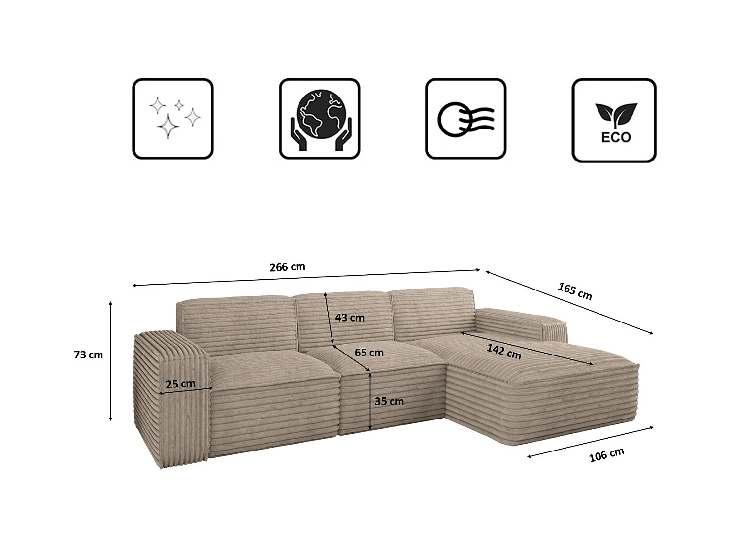 Ecksofa L-Form Siena Stoff Velo Beige Rechts