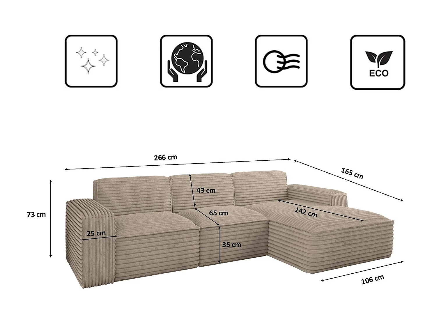Ecksofa L-Form Siena Stoff Velo Beige Rechts