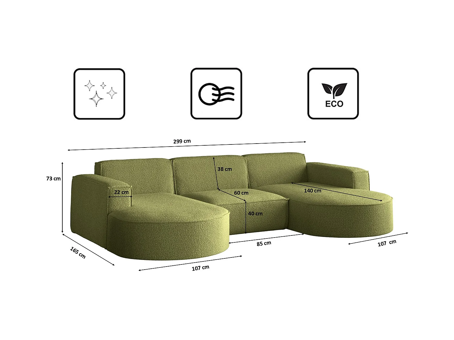 Canapé d'angle, Modena en forme de U, tissu Quelle, olive