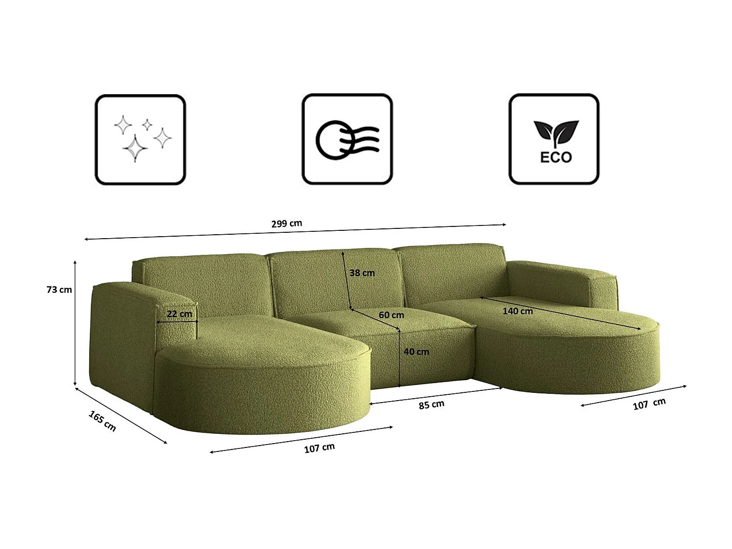 Canapé d'angle, Modena en forme de U, tissu Quelle, olive