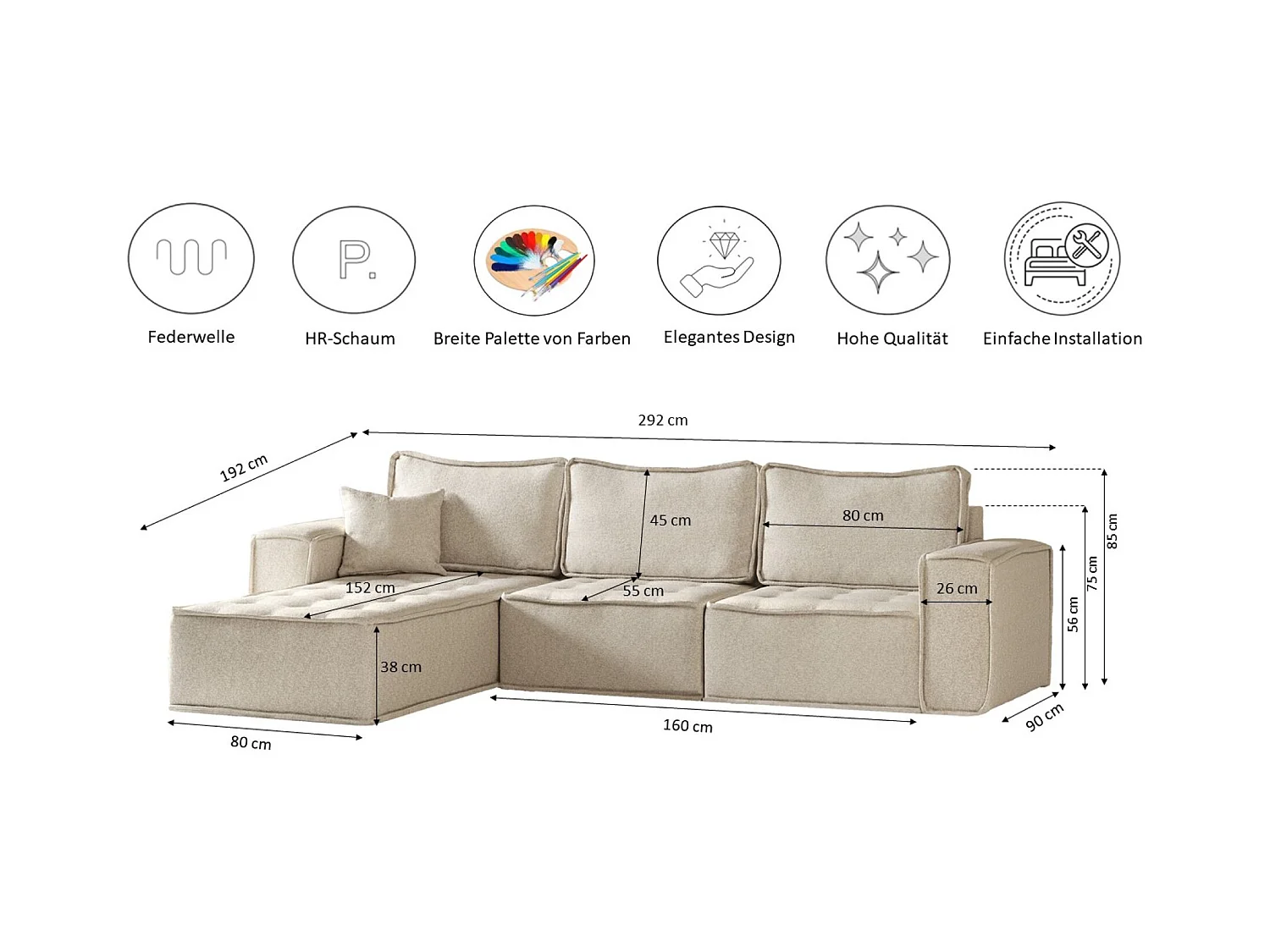 Canapé d'angle Bohoo Maxi L-from, tissu Raven, Champagne, gauche