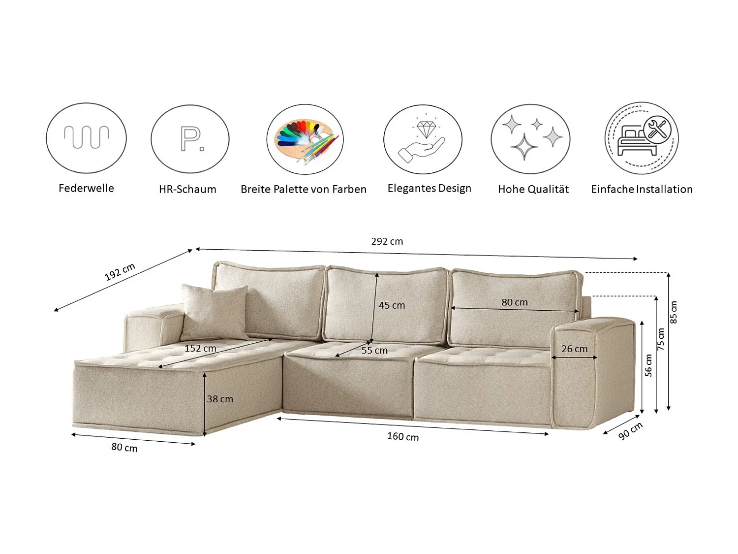 Canapé d'angle Bohoo Maxi L-from, tissu Raven, Champagne, gauche