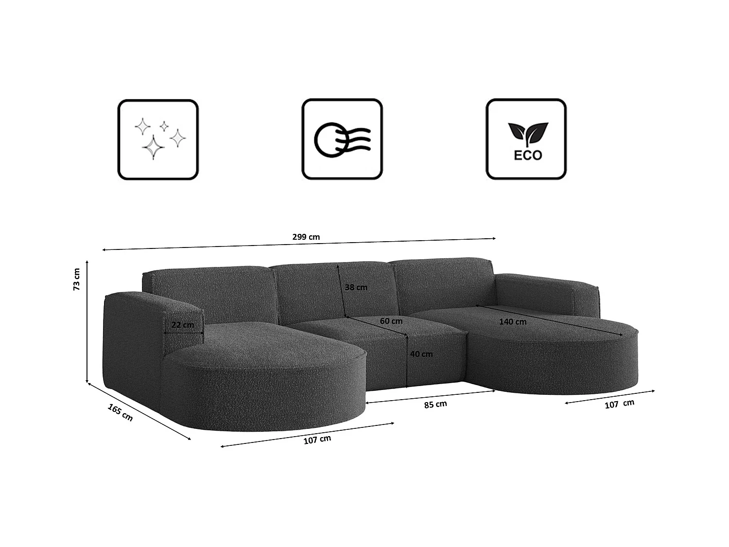 Canapé d'angle design, canapé en U MODENA tissu Loop Graphite