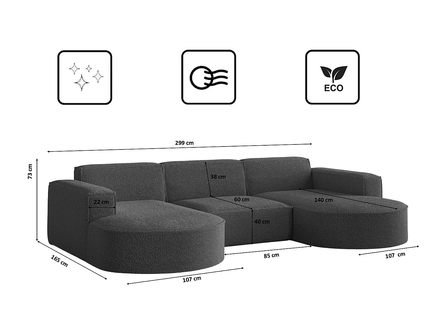 Canapé d'angle design, canapé en U MODENA tissu Loop Graphite