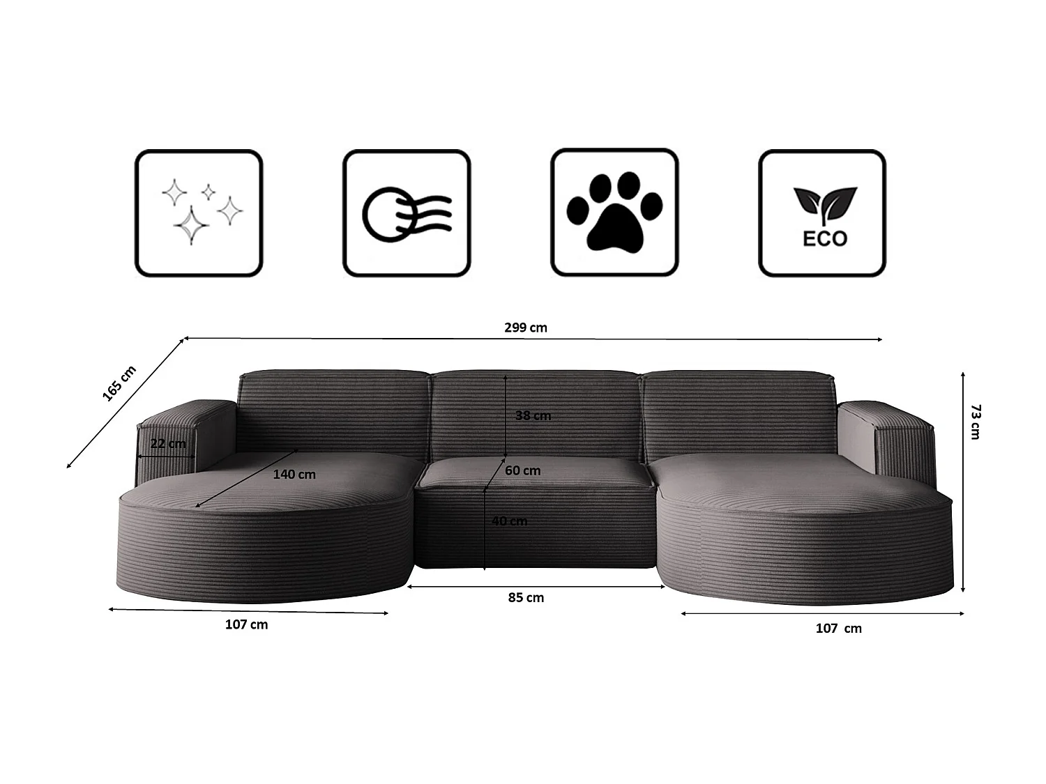 Canapé d'angle Modena en U, tissu Poso, gris foncé