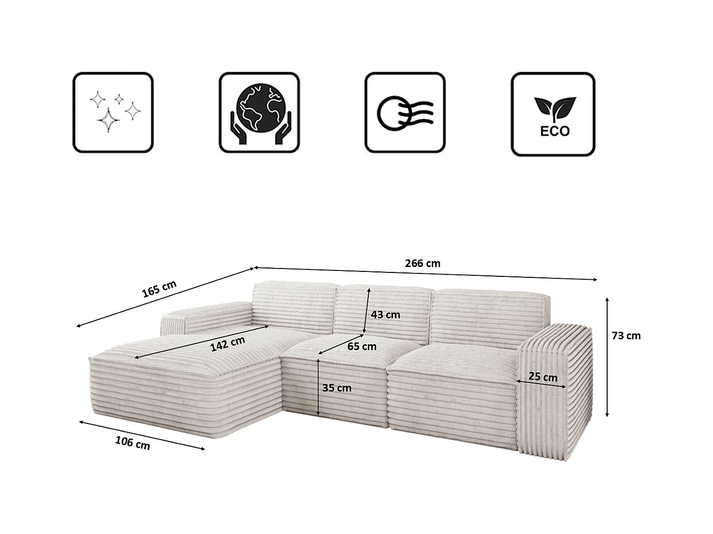 Ecksofa L-Form Siena Stoff Velo Ecru Links
