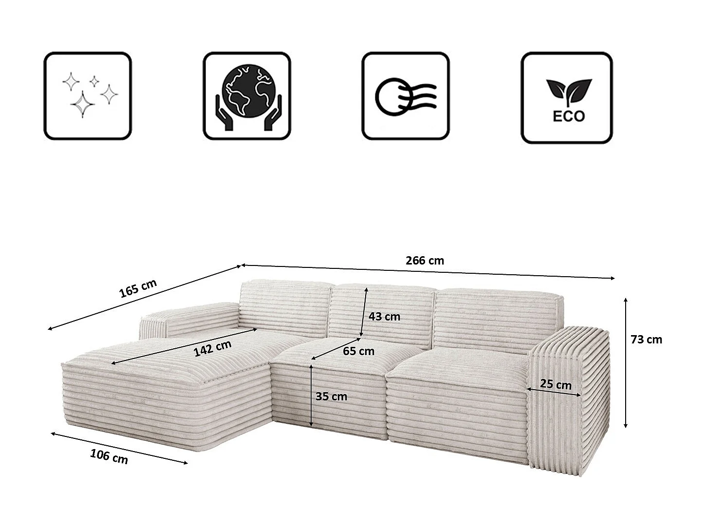 Ecksofa L-Form Siena Stoff Velo Ecru Links