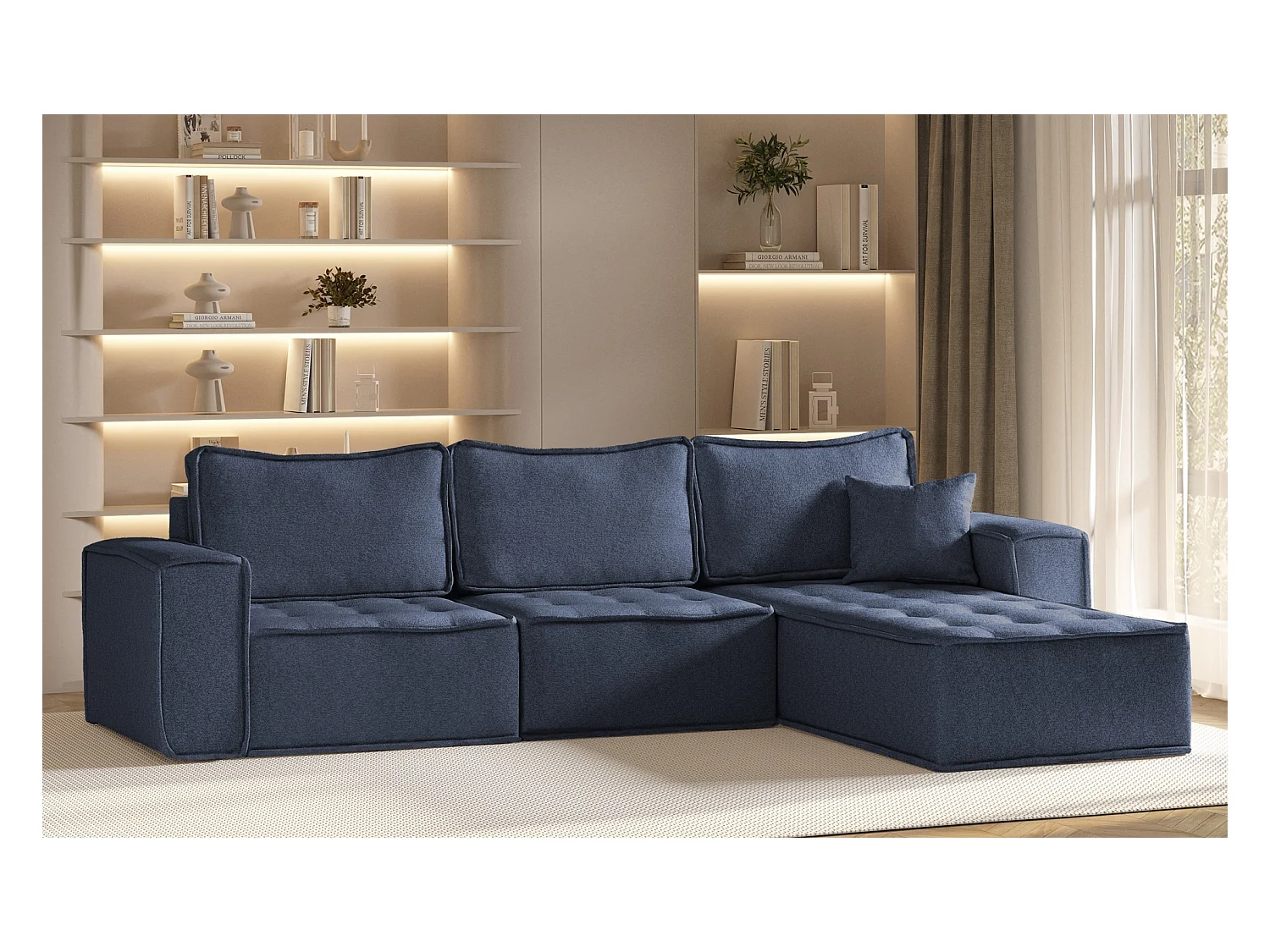 Canapé d'angle Bohoo Maxi en L, tissu Raven, bleu, droit