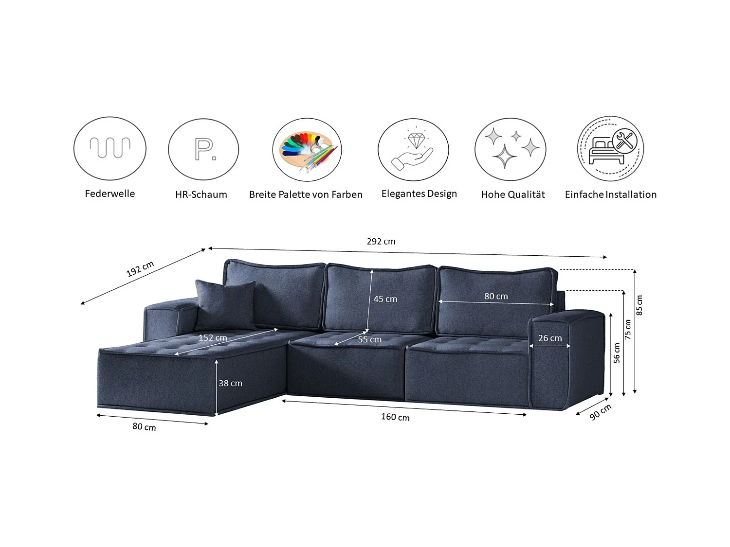 Canapé d'angle Bohoo Maxi en L, tissu Raven, bleu, droit