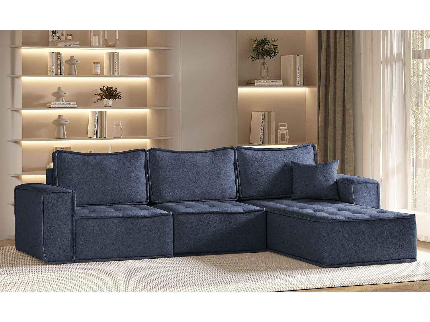 Canapé d'angle Bohoo Maxi en L, tissu Raven, bleu, droit