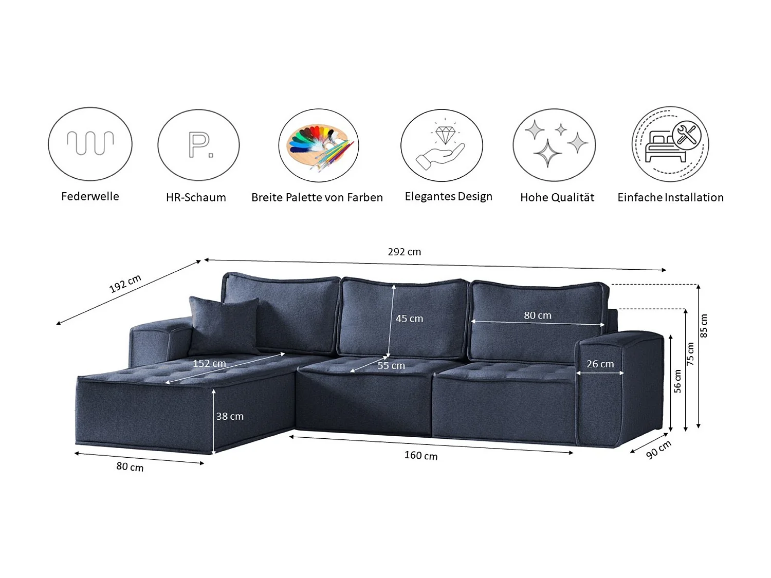 Canapé d'angle Bohoo Maxi en L, tissu Raven, bleu, droit