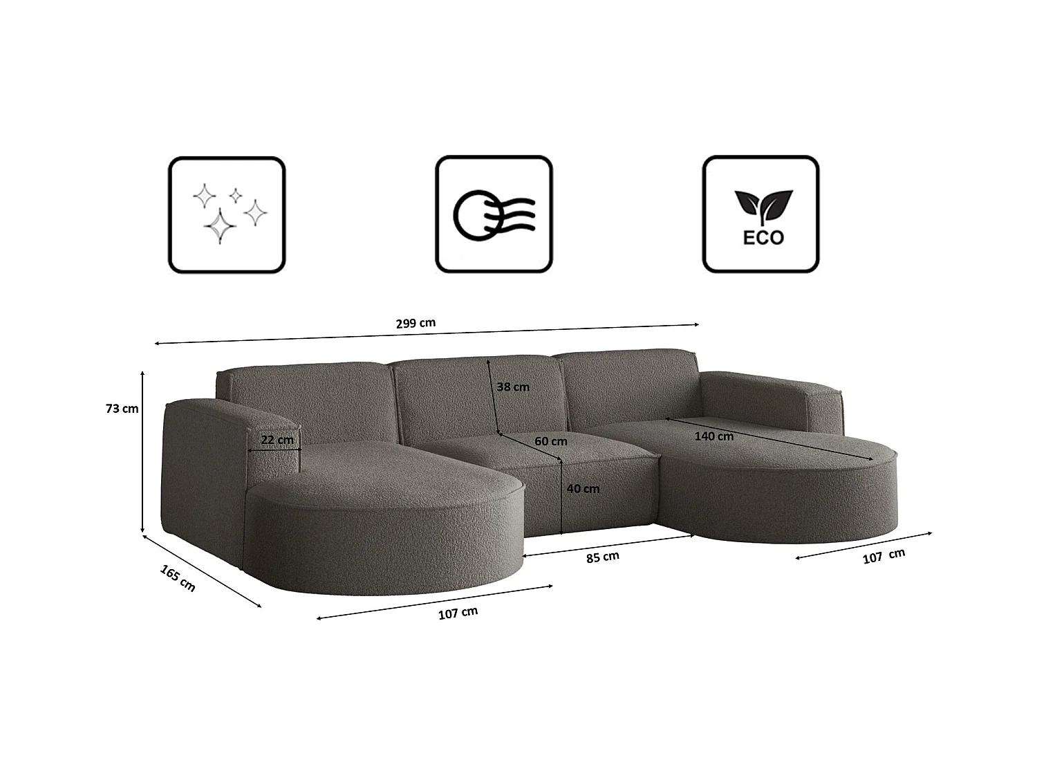 Canapé d'angle, Modena en forme de U, tissu Quelle, graphite