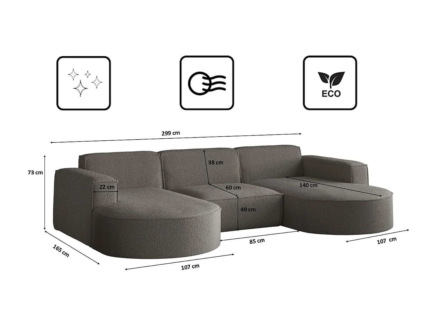 Canapé d'angle, Modena en forme de U, tissu Quelle, graphite