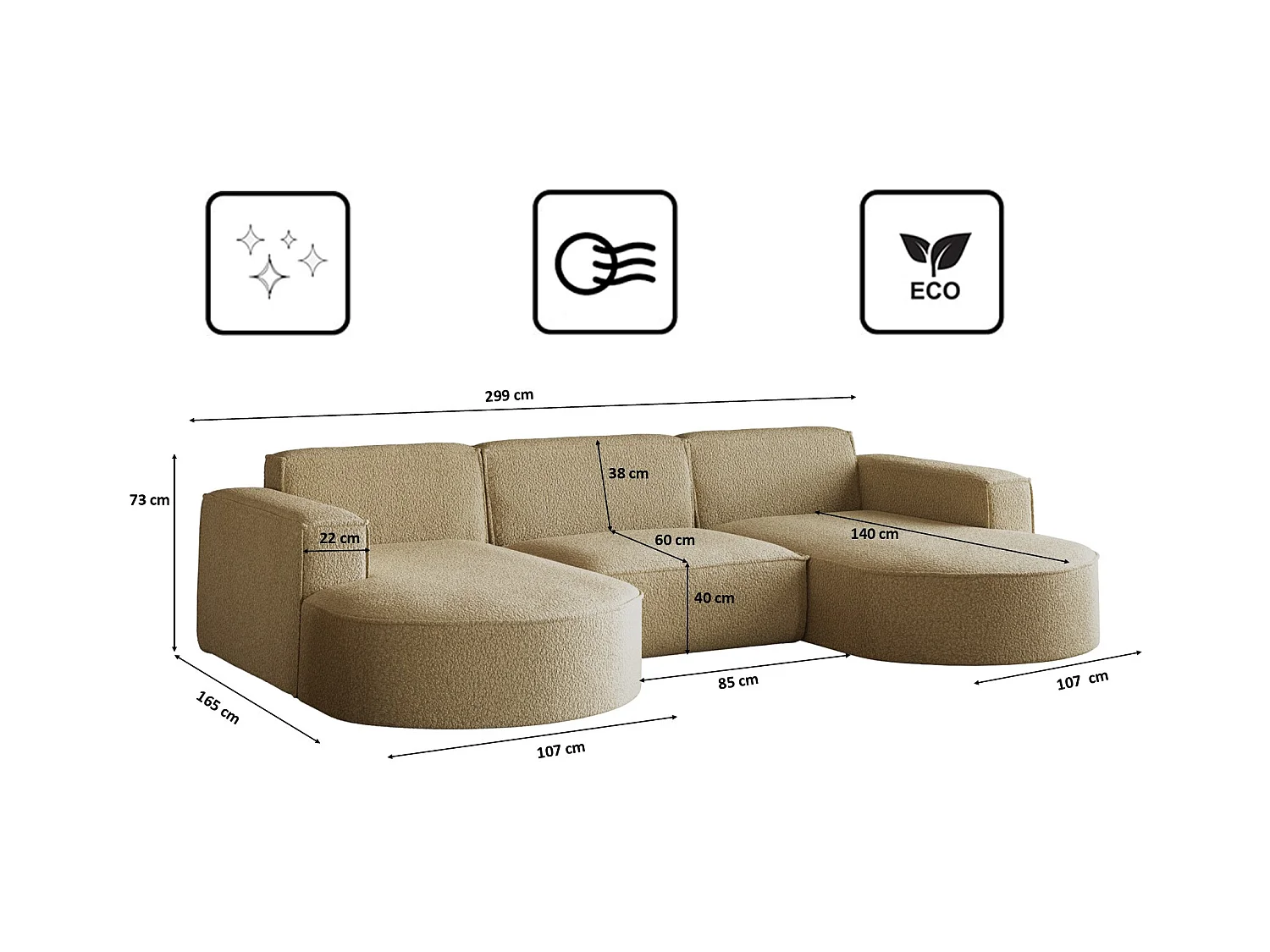 Canapé d'angle Modena en U, tissu Quelle, marron clair