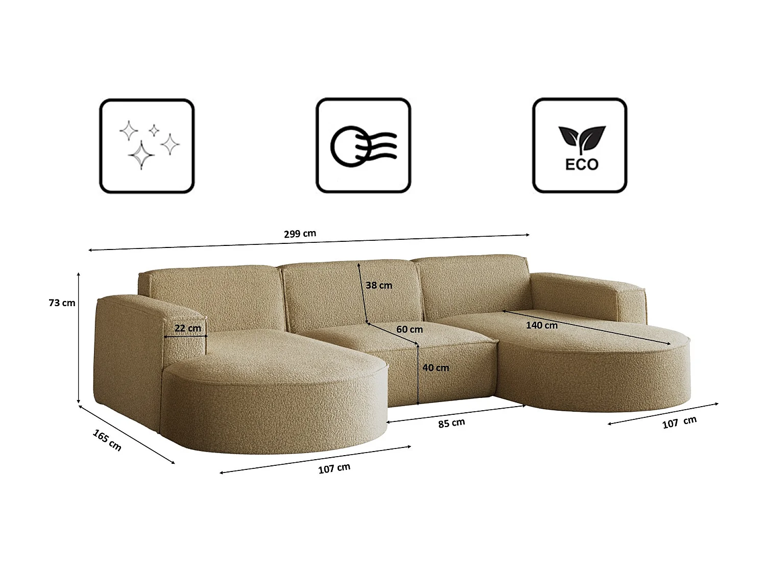 Canapé d'angle Modena en U, tissu Quelle, marron clair