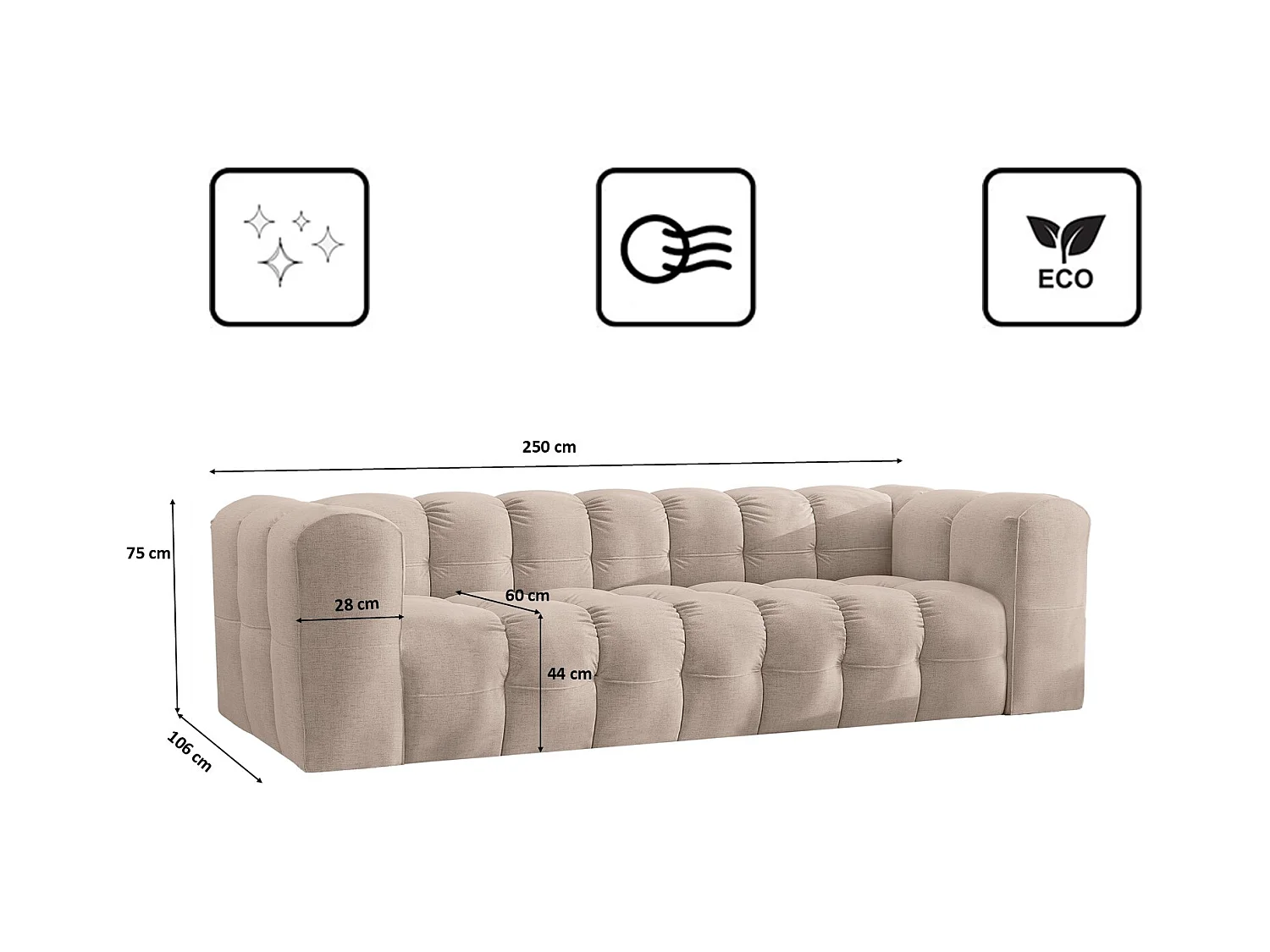 Sofa 4-Sitzer, Komfort Couch BALOO, stoff Schenille, Beige