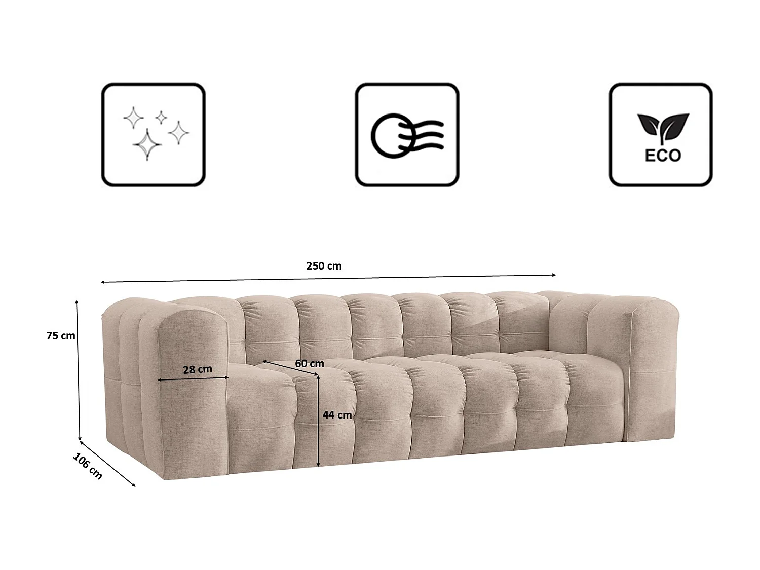 Sofa 4-Sitzer, Komfort Couch BALOO, stoff Schenille, Beige