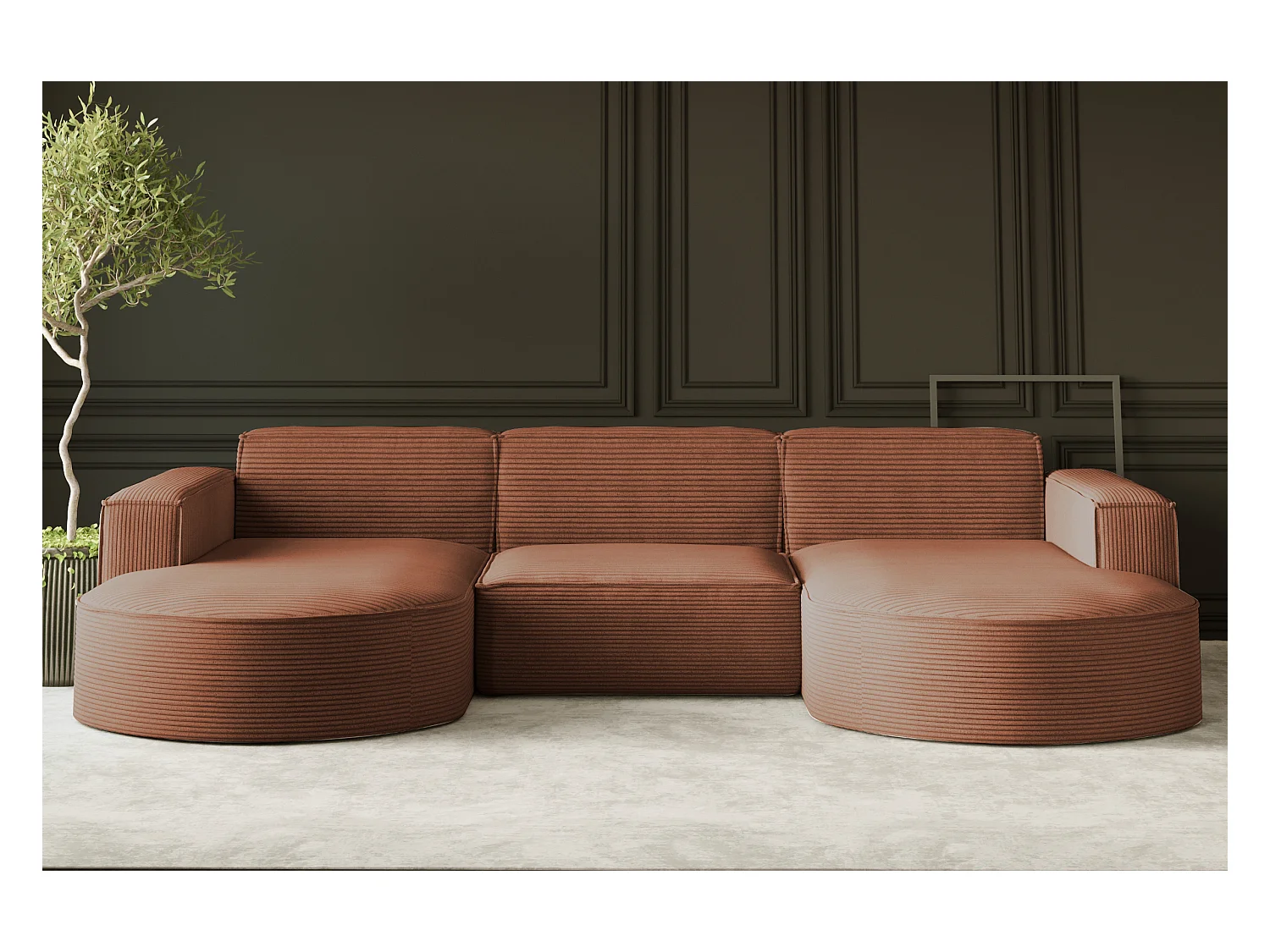 Canapé d'angle Modena en U, tissu Poso, cuivre